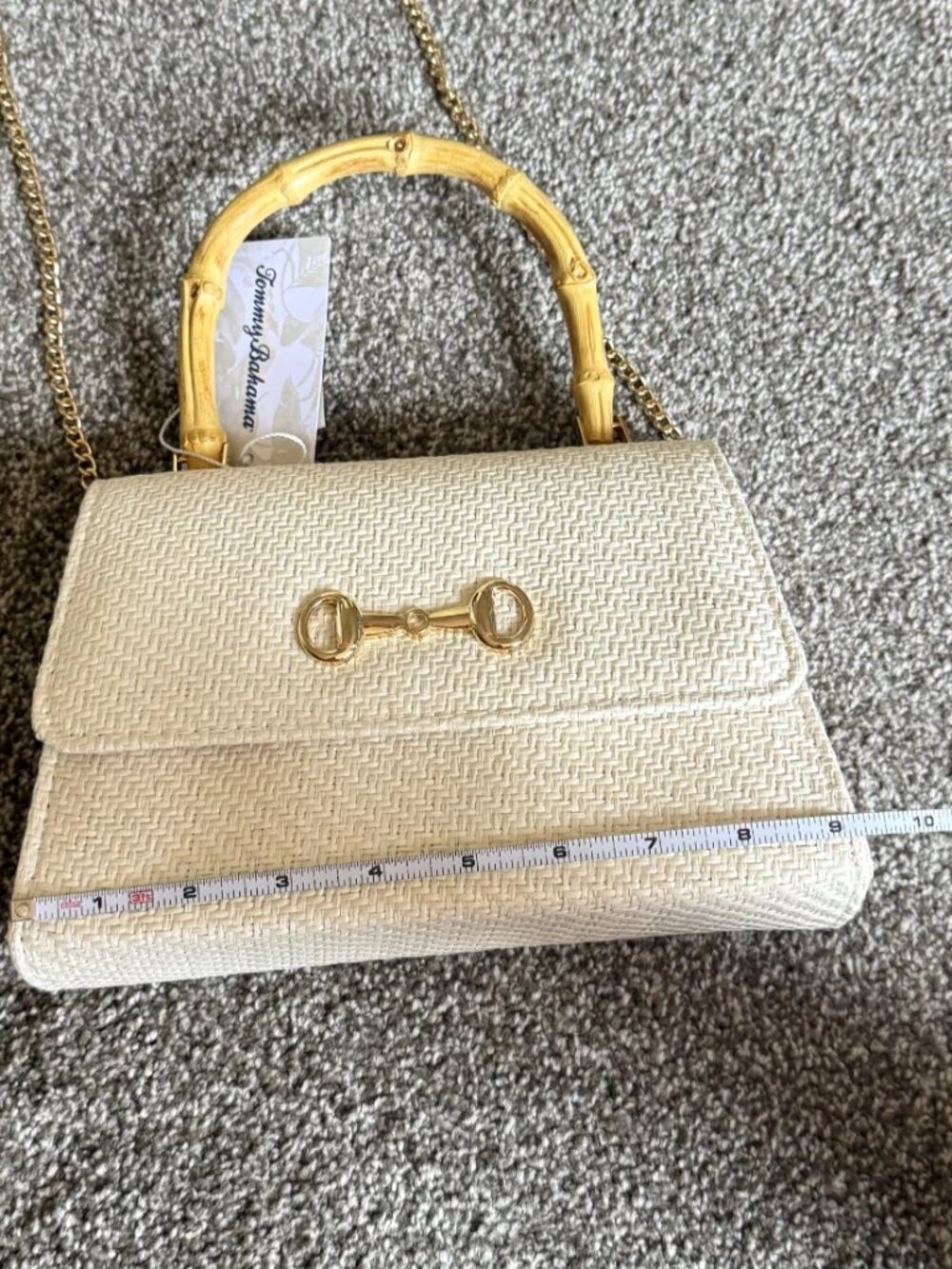 Tommy Bahama Woven Straw Natural Bag Bamboo Handle Gold Chain NWT - Picture 12 of 16
